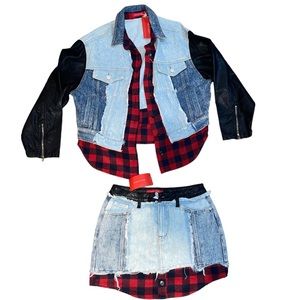 Plaid / Faux Leather / Denim Jacket and Skirt Two Piece Outfit